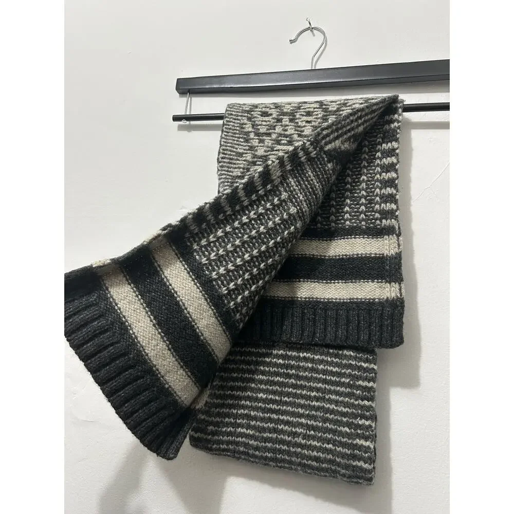 Gap Lambswool Knit Scarf Gray Cream Striped Fair Isle O/S Winter Grandpacore